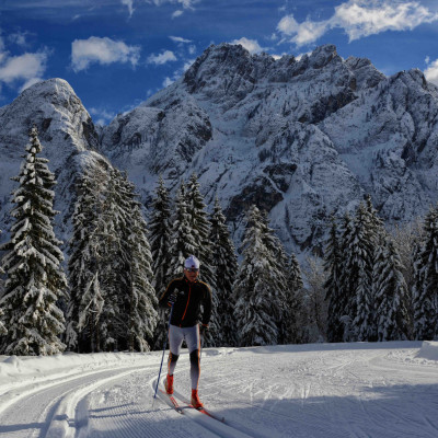 Langlaufen mit Blick auf die Julischen Alpen wie hier im Saisera-Tal