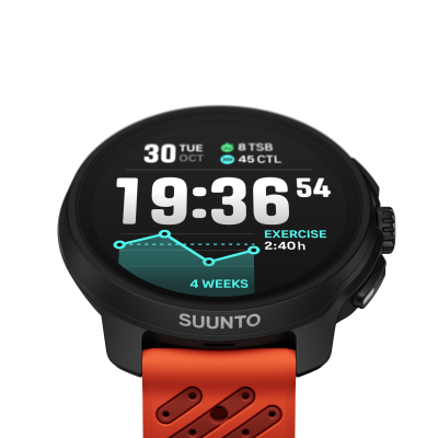 Suunto_Race 2-CORAL ORANGE-Front tilt-CORAL ORANGE-466p AMOLED